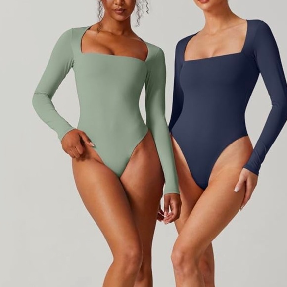 Qinsen Square Neck Long Sleeve Bodysuit | Smoke Green | NWOT - Picture 5 of 7